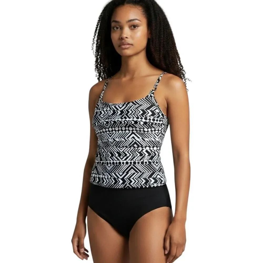 Captiva Tankini Swimsuit Black White Geometric Abstract Spaghetti Womens M